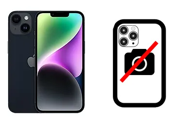 iPhone 14 junto a una avería de Cámara trasera, ofreciendo reparación de Cámara trasera de iPhone 14 en Santifer iRepair