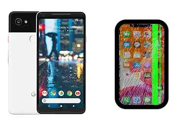 Google Pixel 2 XL junto a una avería de Pantalla, ofreciendo reparación de Pantalla de Google Pixel 2 XL en Santifer iRepair