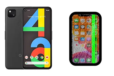 Google Pixel 4a junto a una avería de Pantalla, ofreciendo reparación de Pantalla de Google Pixel 4a en Santifer iRepair