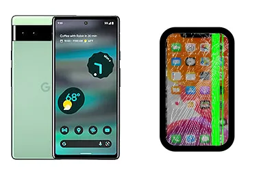 Google Pixel 6a junto a una avería de Pantalla, ofreciendo reparación de Pantalla de Google Pixel 6a en Santifer iRepair