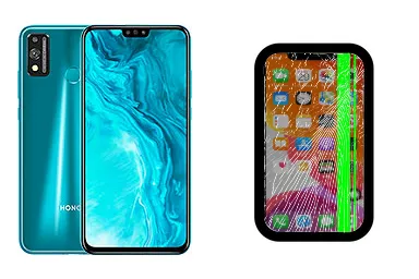 Honor 9X Lite junto a una avería de Pantalla, ofreciendo reparación de Pantalla de Honor 9X Lite en Santifer iRepair
