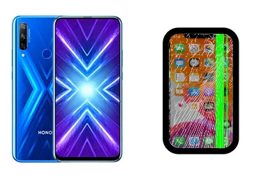 Honor 9X junto a una avería de Pantalla, ofreciendo reparación de Pantalla de Honor 9X en Santifer iRepair