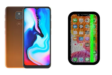 Motorola Moto E7 Plus junto a una avería de Pantalla, ofreciendo reparación de Pantalla de Motorola Moto E7 Plus en Santifer iRepair