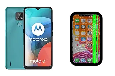 Motorola Moto E7 junto a una avería de Pantalla, ofreciendo reparación de Pantalla de Motorola Moto E7 en Santifer iRepair