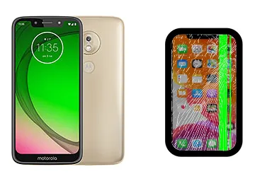 Motorola Moto G7 Play junto a una avería de Pantalla, ofreciendo reparación de Pantalla de Motorola Moto G7 Play en Santifer iRepair