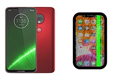 Motorola Moto G7 Plus junto a una avería de Pantalla, ofreciendo reparación de Pantalla de Motorola Moto G7 Plus en Santifer iRepair