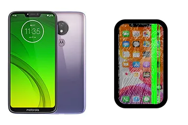 Motorola Moto G7 Power junto a una avería de Pantalla, ofreciendo reparación de Pantalla de Motorola Moto G7 Power en Santifer iRepair