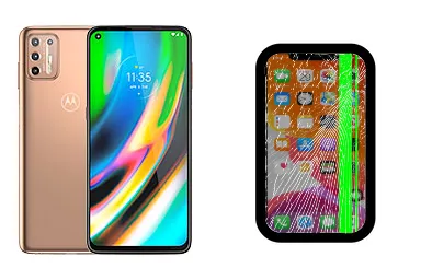 Motorola Moto G9 Plus junto a una avería de Pantalla, ofreciendo reparación de Pantalla de Motorola Moto G9 Plus en Santifer iRepair