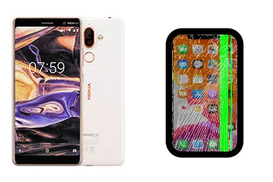 Nokia 7 plus junto a una avería de Pantalla, ofreciendo reparación de Pantalla de Nokia 7 plus en Santifer iRepair