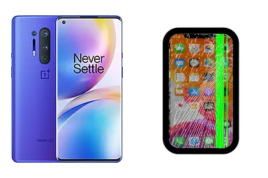 OnePlus 8 Pro junto a una avería de Pantalla, ofreciendo reparación de Pantalla de OnePlus 8 Pro en Santifer iRepair