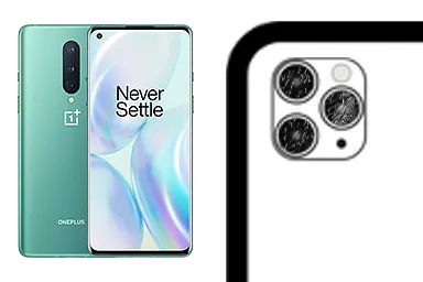 OnePlus 8 junto a una avería de Cristal de la cámara, ofreciendo reparación de Cristal de la cámara de OnePlus 8 en Santifer iRepair
