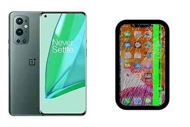 OnePlus 9 Pro junto a una avería de Pantalla, ofreciendo reparación de Pantalla de OnePlus 9 Pro en Santifer iRepair