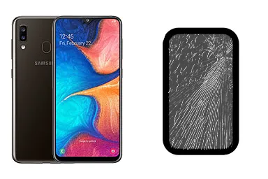 Samsung Galaxy A20 junto a una avería de Cristal, ofreciendo reparación de Cristal de Samsung Galaxy A20 en Santifer iRepair