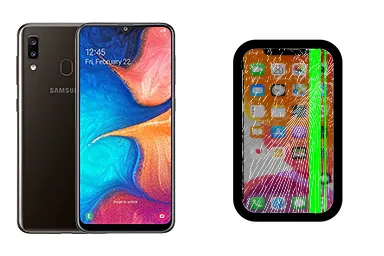 Samsung Galaxy A20 junto a una avería de Pantalla, ofreciendo reparación de Pantalla de Samsung Galaxy A20 en Santifer iRepair