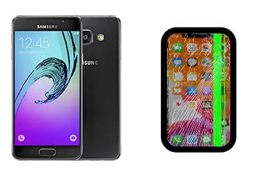 Samsung Galaxy A3 (2016) junto a una avería de Pantalla, ofreciendo reparación de Pantalla de Samsung Galaxy A3 (2016) en Santifer iRepair