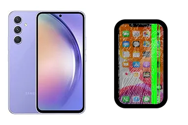 Samsung Galaxy A54 junto a una avería de Pantalla, ofreciendo reparación de Pantalla de Samsung Galaxy A54 en Santifer iRepair