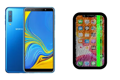 Samsung Galaxy A7 (2018) junto a una avería de Pantalla, ofreciendo reparación de Pantalla de Samsung Galaxy A7 (2018) en Santifer iRepair