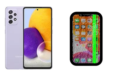 Samsung Galaxy A72 junto a una avería de Pantalla, ofreciendo reparación de Pantalla de Samsung Galaxy A72 en Santifer iRepair