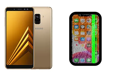 Samsung Galaxy A8 (2018) junto a una avería de Pantalla, ofreciendo reparación de Pantalla de Samsung Galaxy A8 (2018) en Santifer iRepair