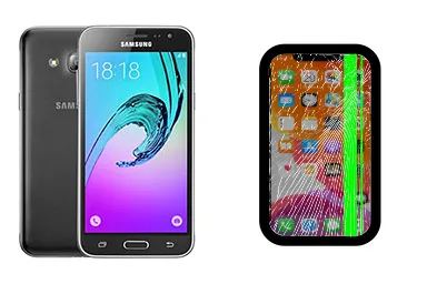 Samsung Galaxy J3 (2016) junto a una avería de Pantalla, ofreciendo reparación de Pantalla de Samsung Galaxy J3 (2016) en Santifer iRepair