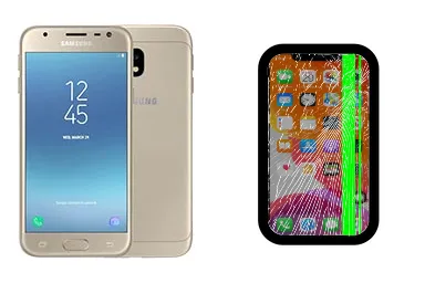 Samsung Galaxy J3 (2017) junto a una avería de Pantalla, ofreciendo reparación de Pantalla de Samsung Galaxy J3 (2017) en Santifer iRepair