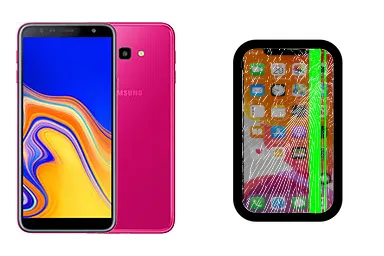 Samsung Galaxy J4+ junto a una avería de Pantalla, ofreciendo reparación de Pantalla de Samsung Galaxy J4+ en Santifer iRepair