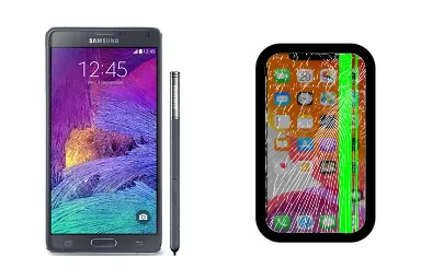 Samsung Galaxy Note 4 junto a una avería de Pantalla, ofreciendo reparación de Pantalla de Samsung Galaxy Note 4 en Santifer iRepair