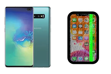 Samsung Galaxy S10+ junto a una avería de Pantalla, ofreciendo reparación de Pantalla de Samsung Galaxy S10+ en Santifer iRepair