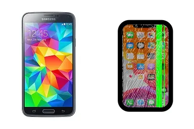 Samsung Galaxy S5 junto a una avería de Pantalla, ofreciendo reparación de Pantalla de Samsung Galaxy S5 en Santifer iRepair