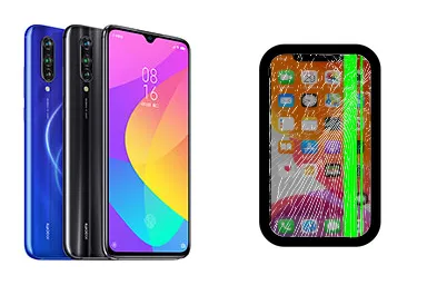 Xiaomi Mi 9 Lite junto a una avería de Pantalla, ofreciendo reparación de Pantalla de Xiaomi Mi 9 Lite en Santifer iRepair