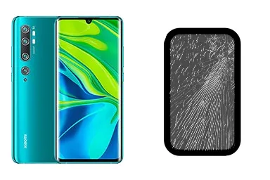 Xiaomi Mi Note 10 junto a una avería de Cristal, ofreciendo reparación de Cristal de Xiaomi Mi Note 10 en Santifer iRepair