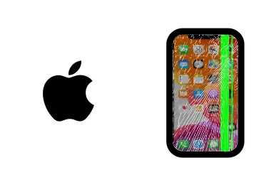 Logo de Apple junto a una avería de Pantalla de Móvil, ofreciendo el servicio de reparación de Pantalla de iPhone en Santifer iRepair