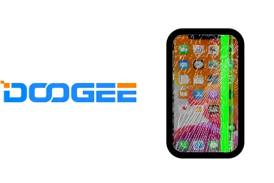 Logo de Doogee junto a una avería de Pantalla de Móvil, ofreciendo el servicio de reparación de Pantalla de Móviles Doogee en Santifer iRepair