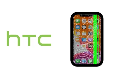 Logo de HTC junto a una avería de Pantalla de Móvil, ofreciendo el servicio de reparación de Pantalla de Móviles HTC en Santifer iRepair