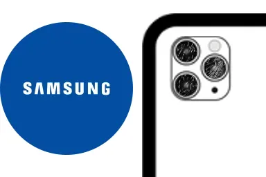 Logo de Samsung junto a una avería de Cristal de la cámara de Móvil, ofreciendo el servicio de reparación de Cristal de la cámara de Móviles Samsung en Santifer iRepair