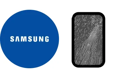 Logo de Samsung junto a una avería de Cristal de Móvil, ofreciendo el servicio de reparación de Cristal de Móviles Samsung en Santifer iRepair