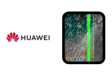 Logo de Huawei junto a una avería de Pantalla de Tablet, ofreciendo el servicio de reparación de Pantalla de Tablets Huawei en Santifer iRepair