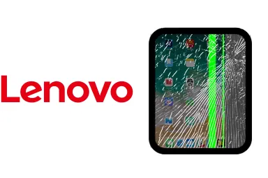 Logo de Lenovo junto a una avería de Pantalla de Tablet, ofreciendo el servicio de reparación de Pantalla de Tablets Lenovo en Santifer iRepair Sevilla