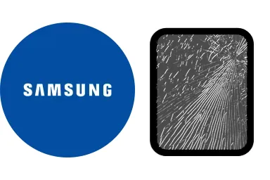 Logo de Samsung junto a una avería de Cristal de Tablet, ofreciendo el servicio de reparación de Cristal de Tablets Samsung en Santifer iRepair