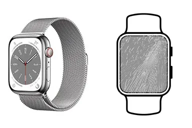 Apple Watch Serie 8 45mm junto a una avería de Cristal, ofreciendo reparación de Cristal de Apple Watch Serie 8 45mm en Santifer iRepair