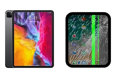 iPad Pro 11 (2020) junto a una avería de Pantalla, ofreciendo reparación de Pantalla de iPad Pro 11 (2020) en Santifer iRepair