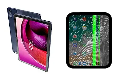 Lenovo Tab M10 junto a una avería de Pantalla, ofreciendo reparación de Pantalla de Lenovo Tab M10 en Santifer iRepair